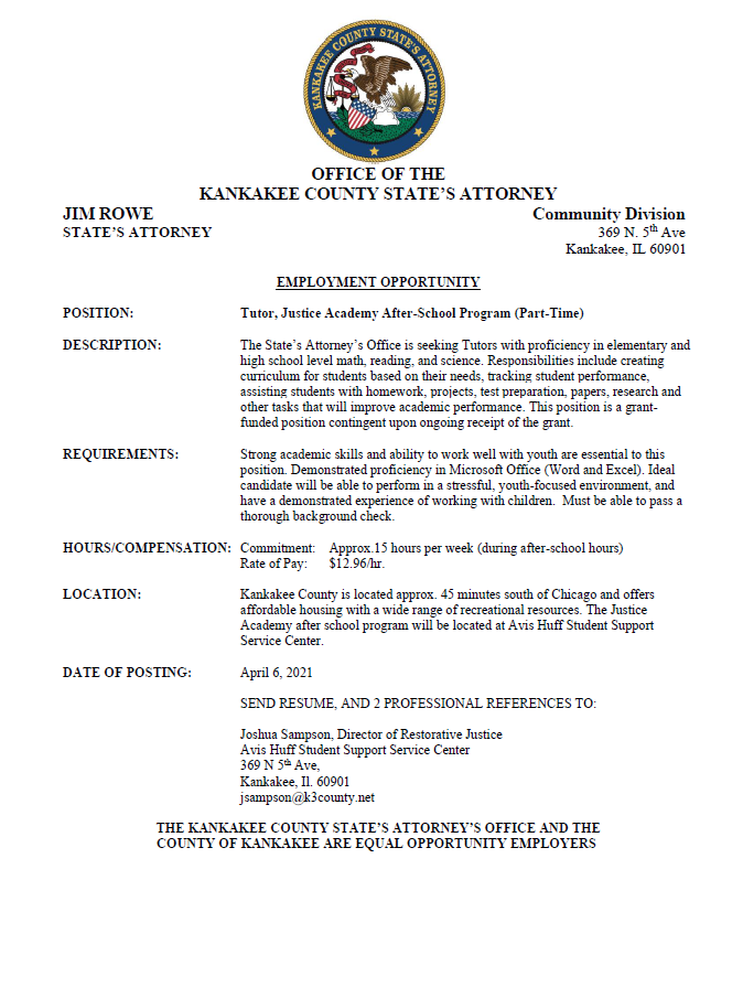 Kankakee County State's Attorney's Office Tutoring Job