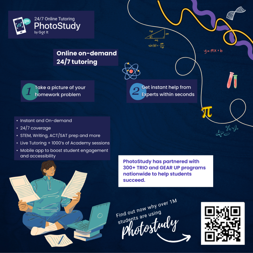 24/7 Online Tutoring Photostudy by Got it. Online on-demand 24/7 tutoring. 1: take a picture of your homework problem. 2: get instant help from experts within seconds. *instant and on demand *24/7 coverage *STEM, Writing, ACT/SAT prep and more *Live tutoring + 1000's of academy sessions *mobile app to boost student engagement and accessibility. Photostudy has partnered with 300+ TRIO and GEAR UP programs nationwide to help students succeed. find out why over 1 million students are using photostudy