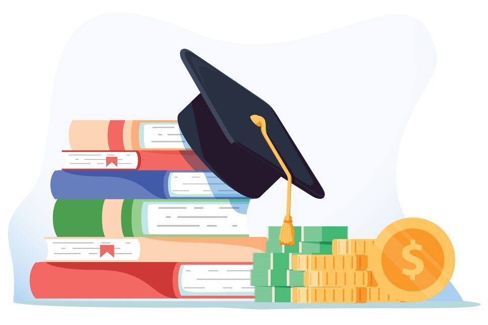Digital artwork of a stack of books next to a stack of money bills and coins, with a graduation cap on top