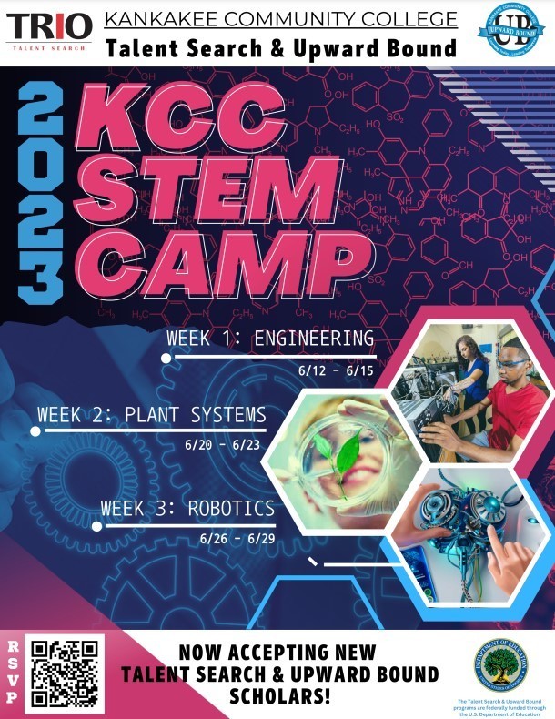 TRIO talent search Kankakee community college. Talent search & upward bound. 2023 KCC Stem Camp. week 1: Engineering. 6/12-6/15. week 2: plant systems 6/20-6/23. week 3: robotics. 6/26-6/29. RSVP. now accepting new talent search and upward bound scholars! department of education. 